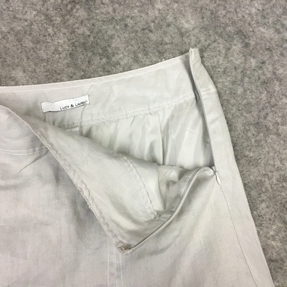 Lucy Laurel Skirt 10 Midi 100 Linen Gray Twirl Trumpet Career Casual Stripes - Picture 5 of 12
